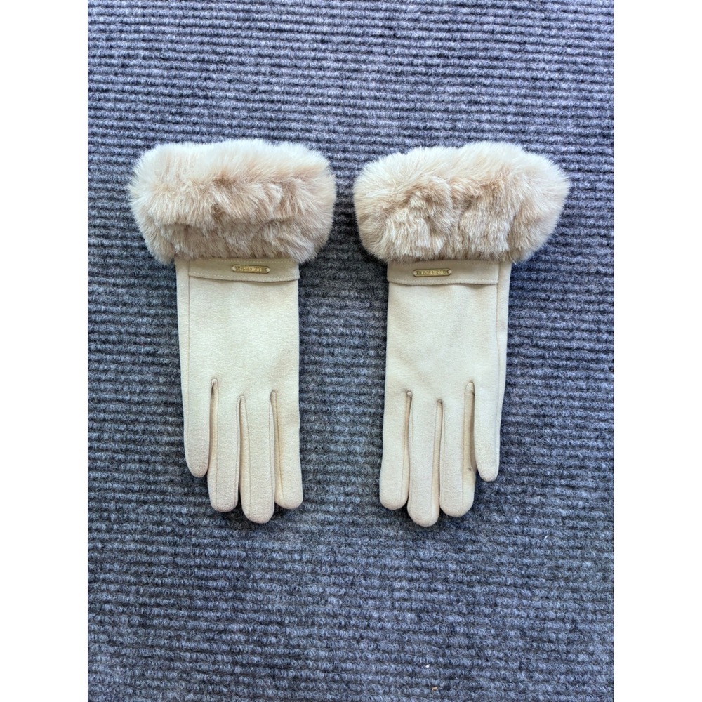 Fashion Cream Fleece Knit Gloves w/ Faux Fur Trim Gold Logo Beige Winter Set OS
